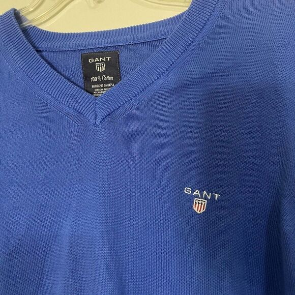 GANT vneck long sleeve blue knit Cotton pullover sweater with logo Men's large - Picture 4 of 5